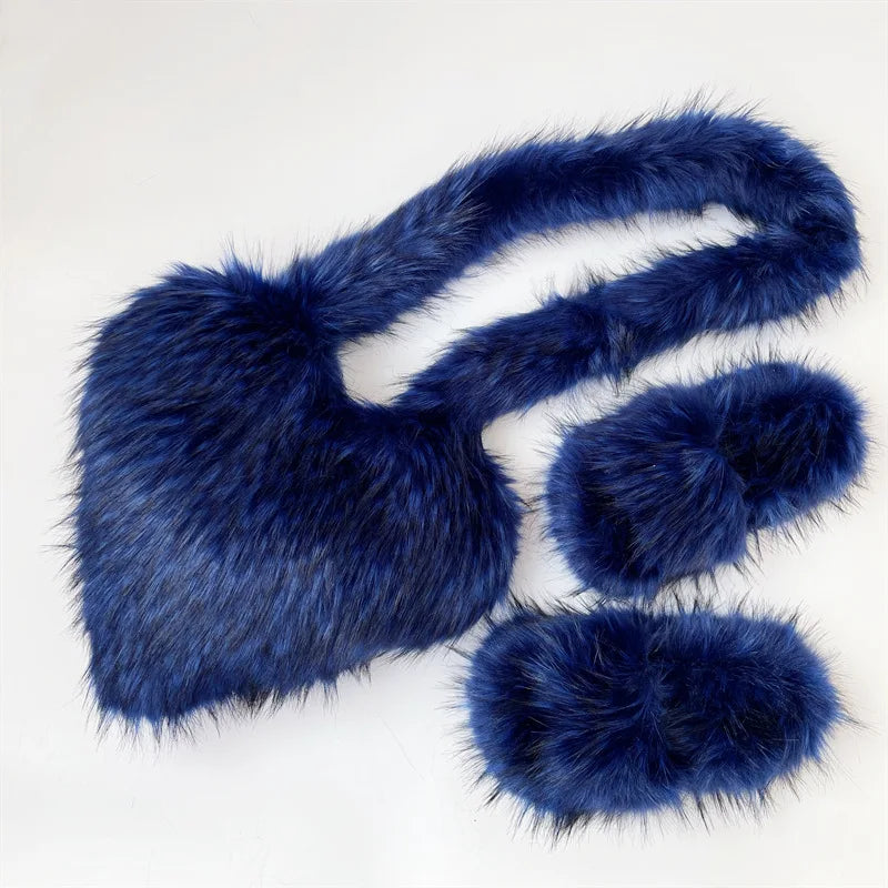 Fashion Winter Purses and Handbags Luxury Fur Heart Purse and Shoe Sets