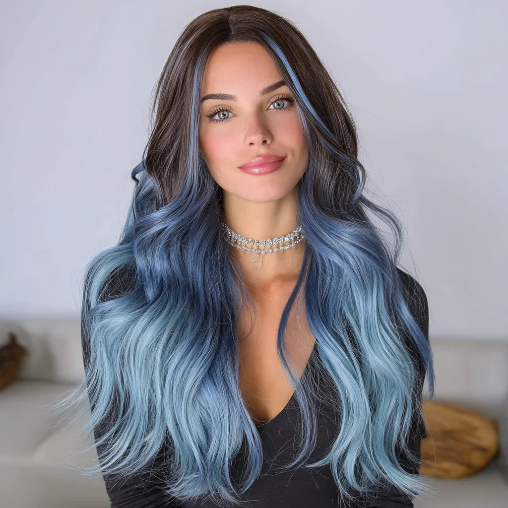 28-Inch Light Blue Highlights Micro-Volume Natural Bang Wig