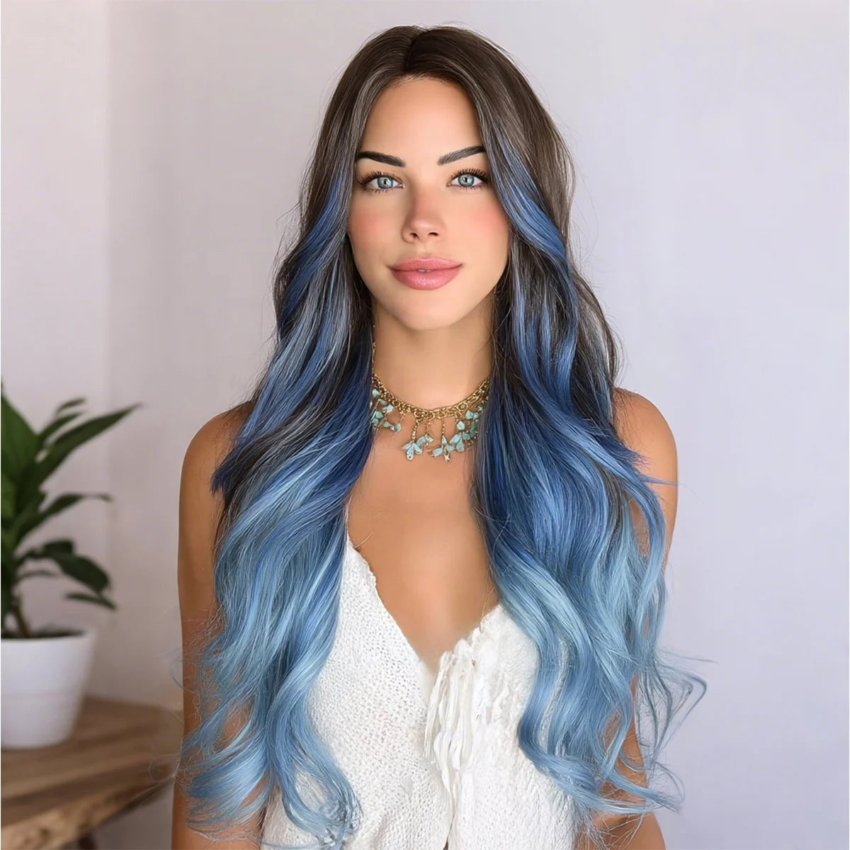 28-Inch Light Blue Highlights Micro-Volume Natural Bang Wig