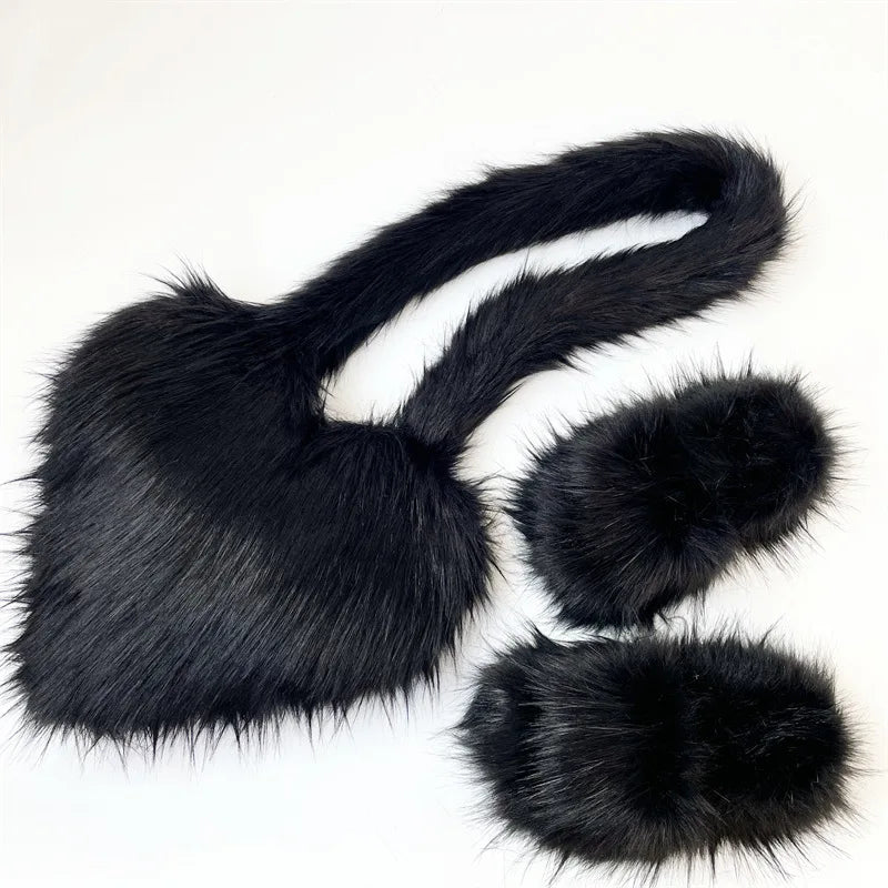 Fashion Winter Purses and Handbags Luxury Fur Heart Purse and Shoe Sets