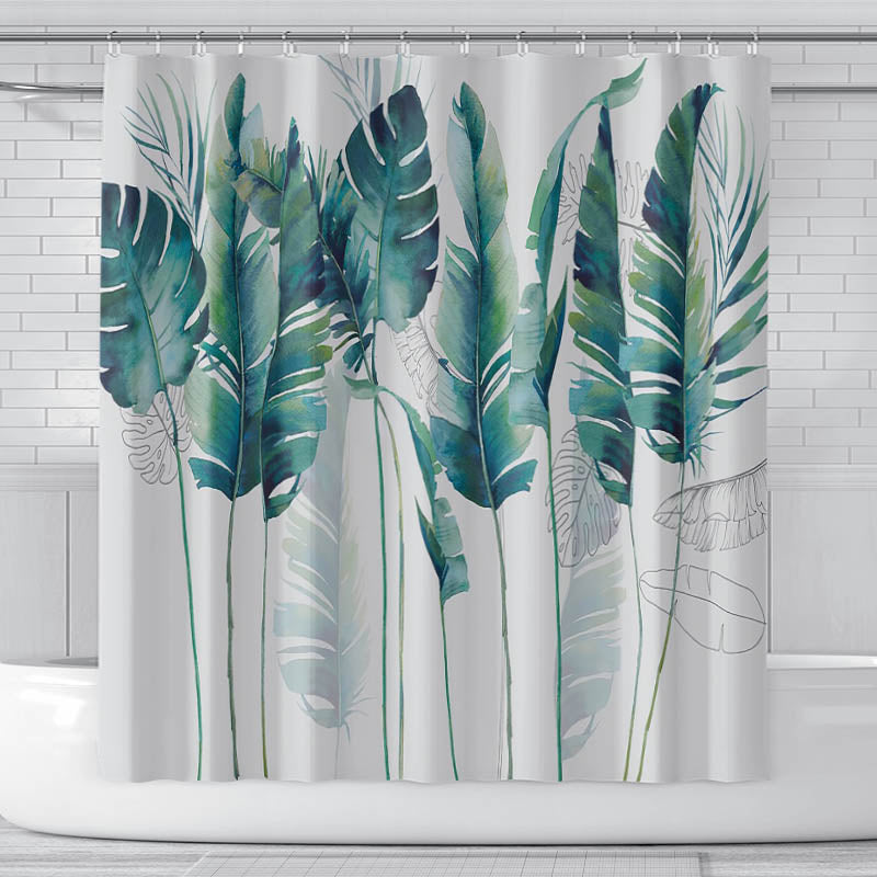 Tropical Plant Green Shower Curtain With 12 Hooks