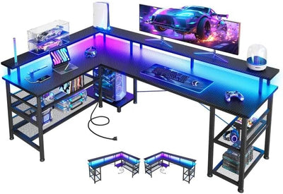L Shaped Gaming Desk with Power Outlet and LED Lights
