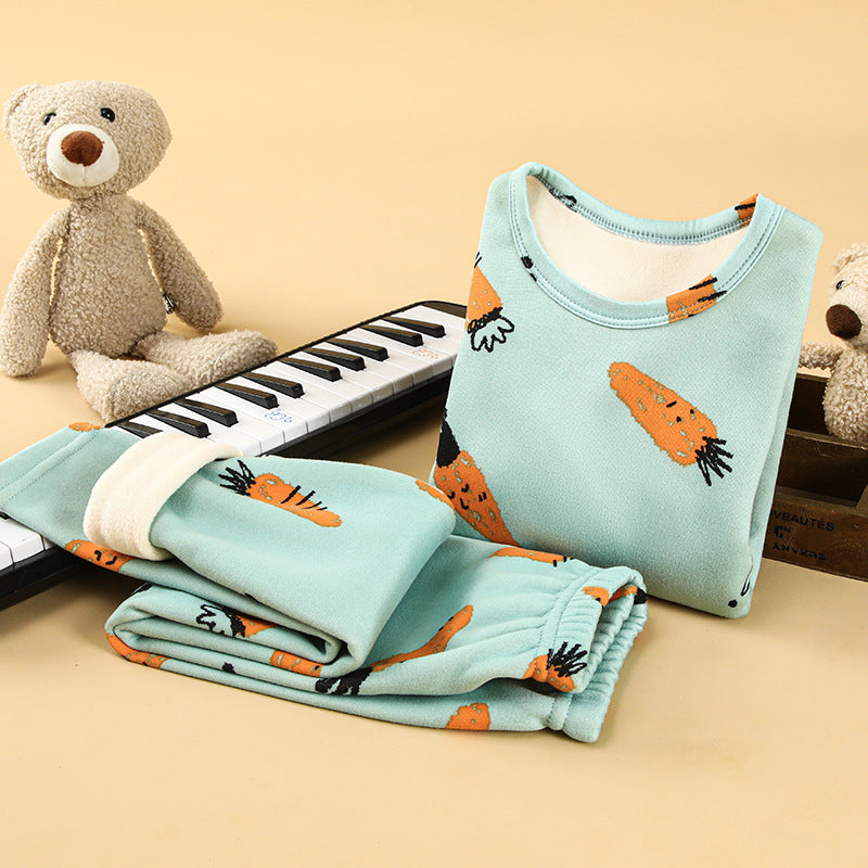Children's thermal underwear set plus velvet and thickened winter boys' baby autumn clothes autumn pants girls' warm clothing set