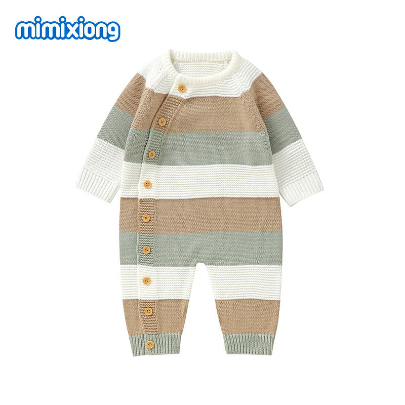 ins hot sale autumn and winter new baby knitted striped one-piece romper climbing clothes boys and girls baby single-breasted jumpsuit