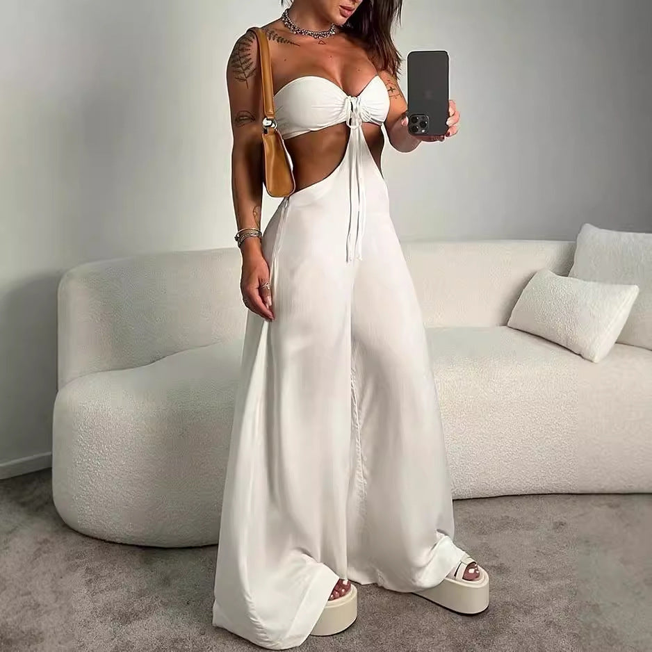 2024 Foreign Trade Independent Station European and American Women's Jumpsuit Autumn New Fashion Sleeveless Hollow Solid Color Jumpsuit