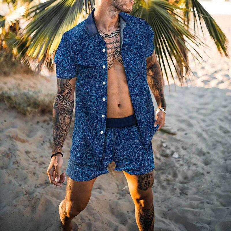 2022 Summer Amazon AliExpress Europe and America Cross-border Men's Shirts Casual Loose Short Sleeve Shorts Beach Suits