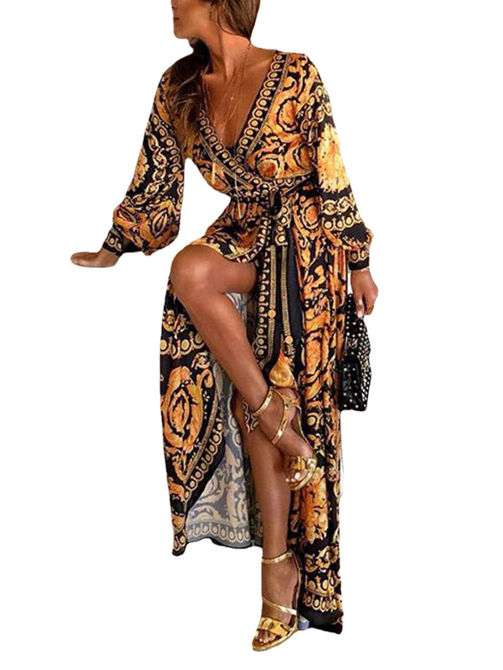 Cross-border 2019 European and American foreign trade wish Amazon hot sale casual sexy deep V slit dress printed long skirt