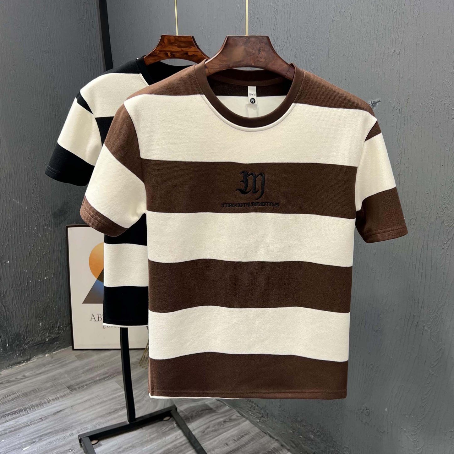 Black and white striped T-shirt men's summer ins trendy brand embroidered half-sleeved T-shirt 2024 new men's top trendy short-sleeved