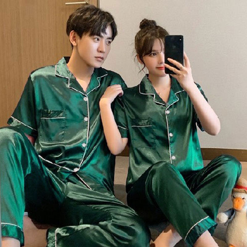 Couple series ice silk various solid color pajamas summer cool short-sleeved silk shorts simple style home clothes suit