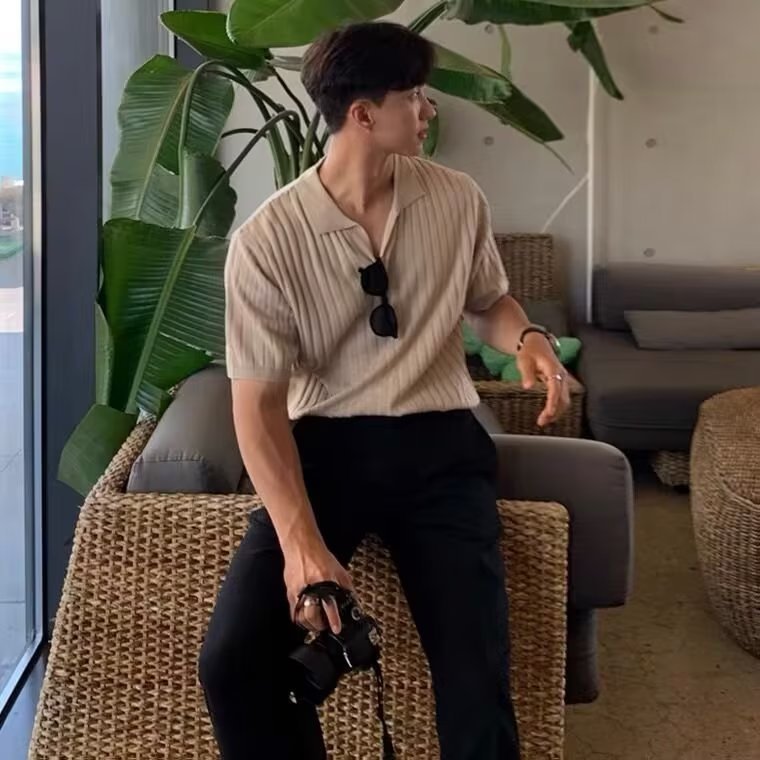 Summer new ins business mature style high quality casual lapel slim knit sweater men's POLO short sleeve trend