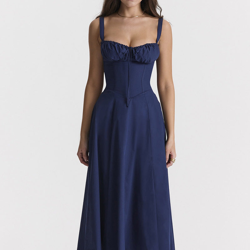 Amazon low-cut sexy women's clothing 2023 summer European and American new print strap waist suspenders slit dress