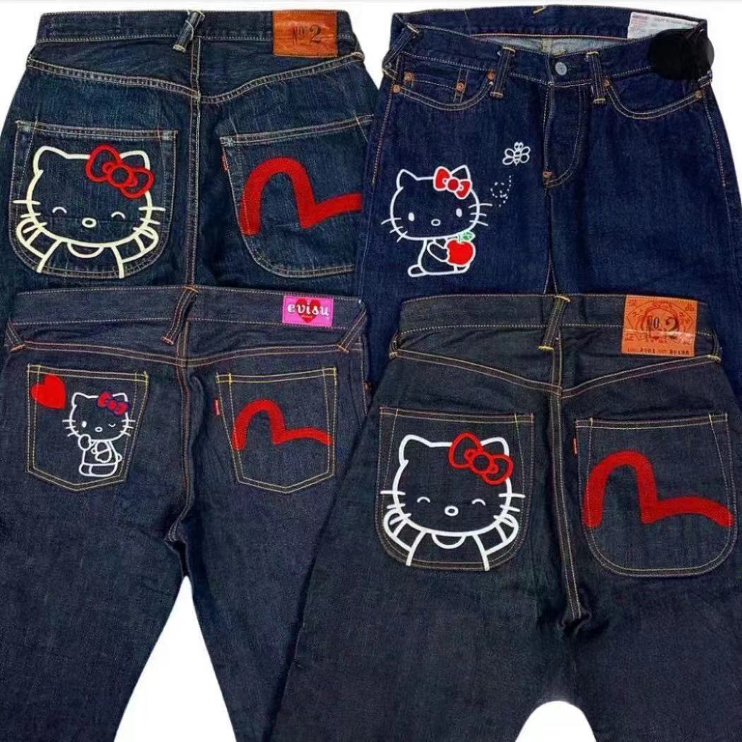 2023 American hip-hop trend high street fashion brand hellokitty Hello Kitty print jeans loose straight pants