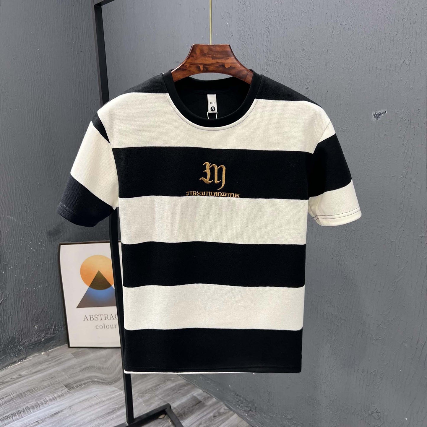Black and white striped T-shirt men's summer ins trendy brand embroidered half-sleeved T-shirt 2024 new men's top trendy short-sleeved