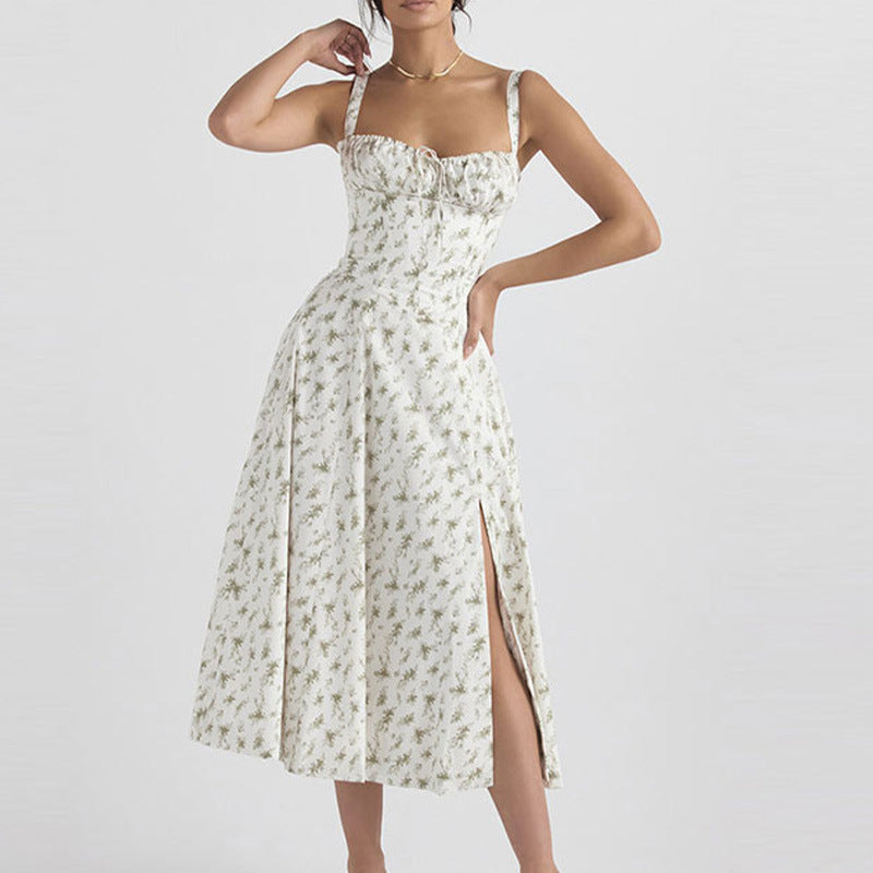 Amazon low-cut sexy women's clothing 2023 summer European and American new print strap waist suspenders slit dress