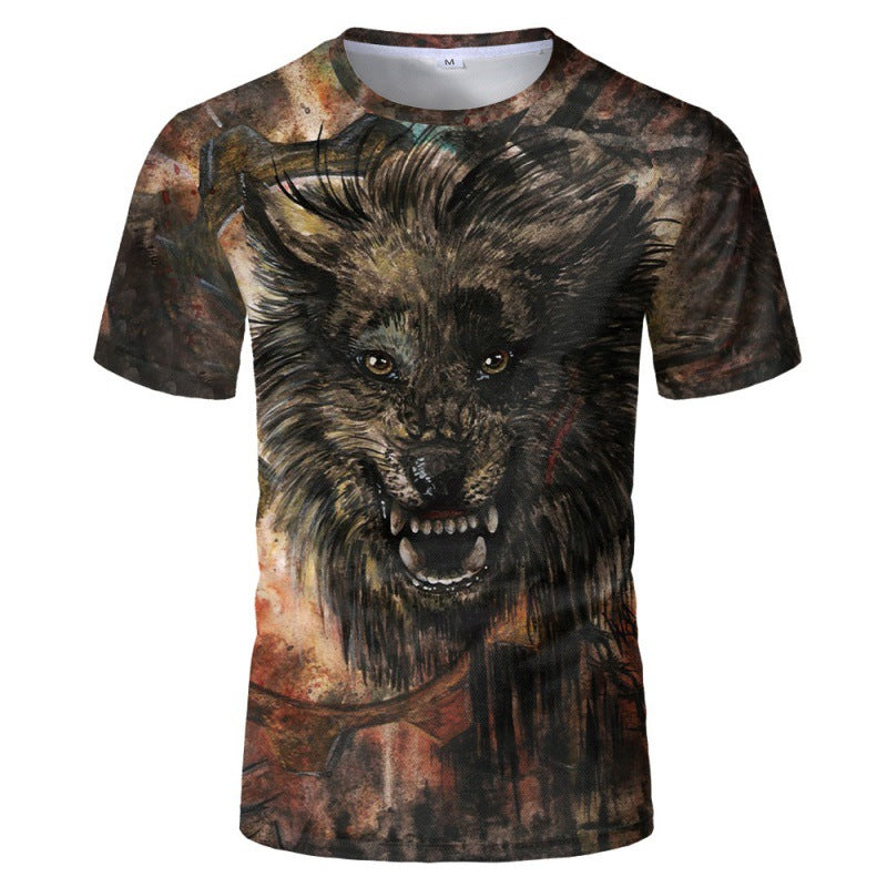 Foreign trade new style black and white wolf head pattern 3D three-dimensional printing short-sleeved T-shirt tide brand half-sleeved T-shirt loose clothes