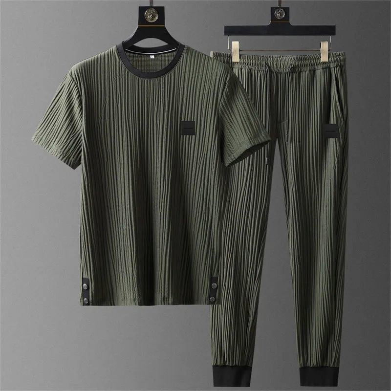 European station summer elastic ice silk casual sports suit men's pleated thin section short-sleeved trousers two-piece suit for men