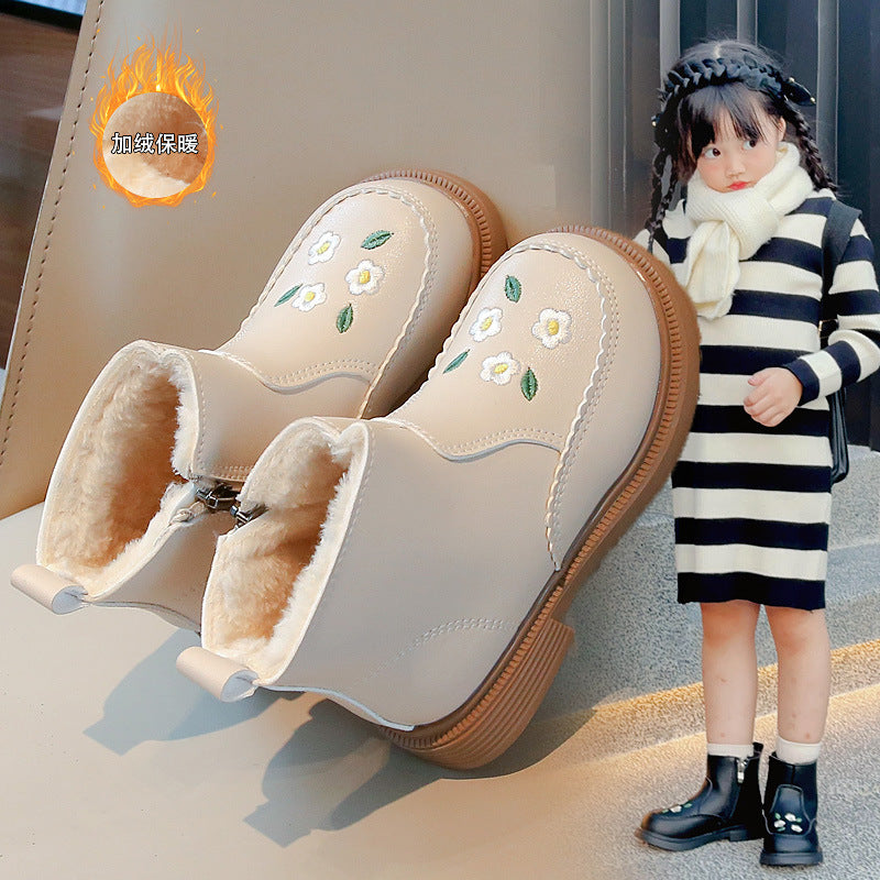 Girls' short boots 2024 winter new children's boots fashionable Martin boots little girls cotton shoes winter plus velvet leather boots