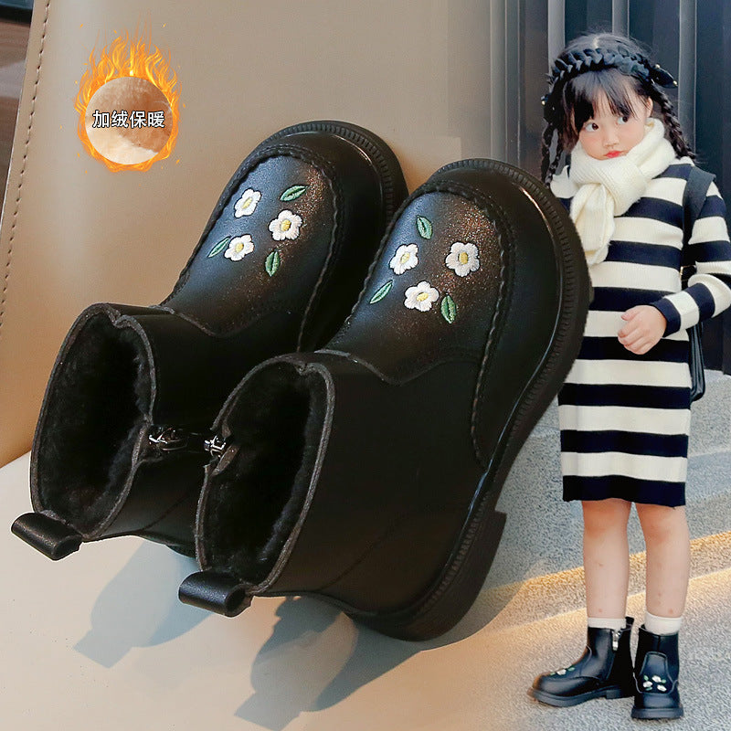 Girls' short boots 2024 winter new children's boots fashionable Martin boots little girls cotton shoes winter plus velvet leather boots