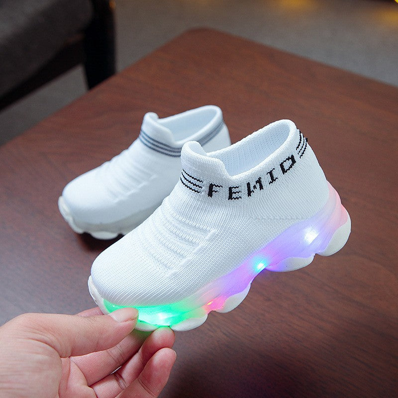 Cross-border popular shoes for boys and girls, LED light shoes, light-up shoes, fly-knit sports shoes, over-the-foot shoes, luminous fishnet socks, shoes
