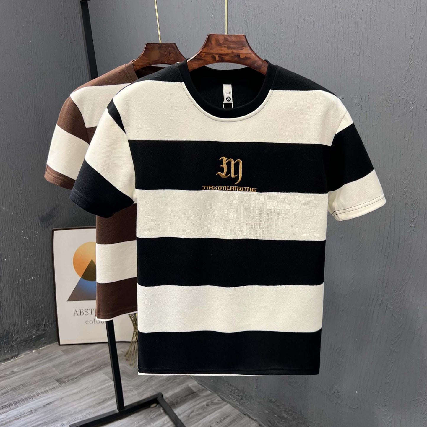 Black and white striped T-shirt men's summer ins trendy brand embroidered half-sleeved T-shirt 2024 new men's top trendy short-sleeved