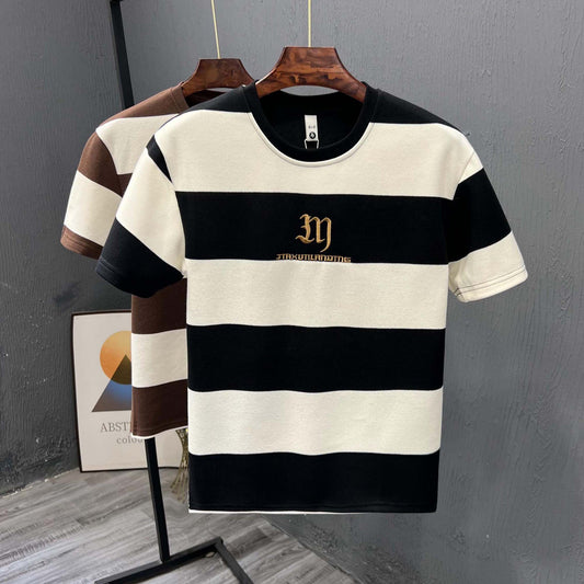 Black and white striped T-shirt men's summer ins trendy brand embroidered half-sleeved T-shirt 2024 new men's top trendy short-sleeved
