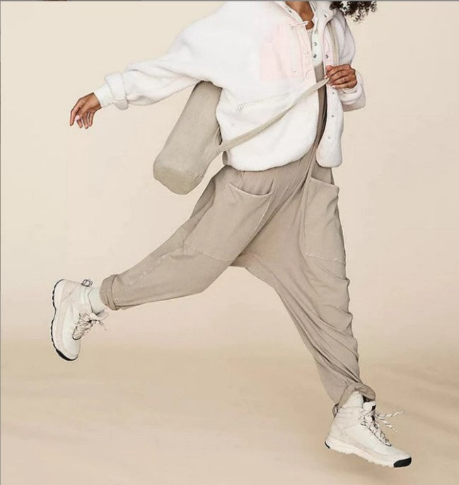 2024 European and American women's clothing Amazon size independent station hot-selling solid color zipper patch pocket suspender jumpsuit fat hip pants