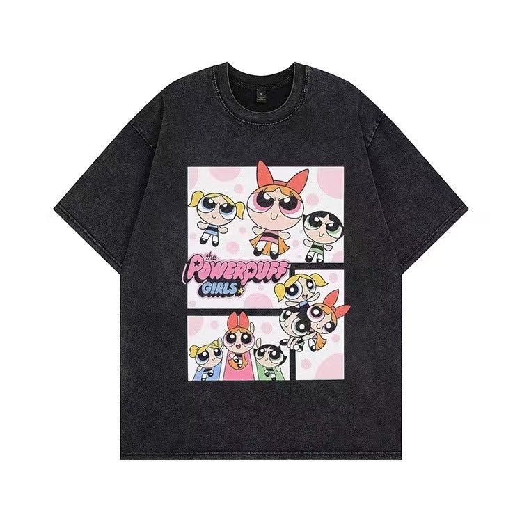 American cartoon washed short-sleeved T-shirt 2024 new couple high street trendy men's street trendy brand old loose short-sleeved
