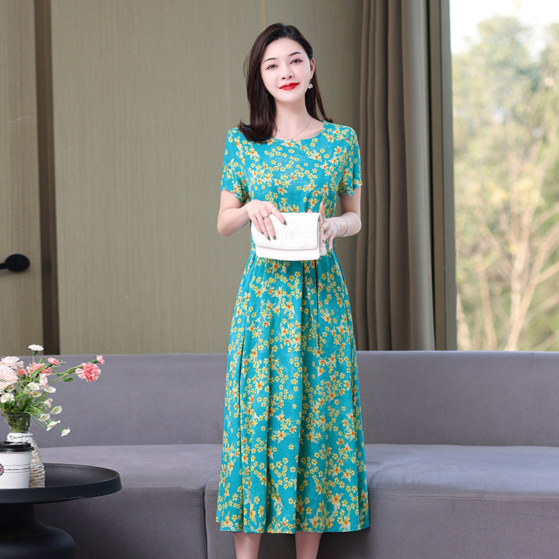 Artificial cotton silk dress women's clothing 2023 summer new middle-aged mother mid-length over-the-knee plus-size loose skirt