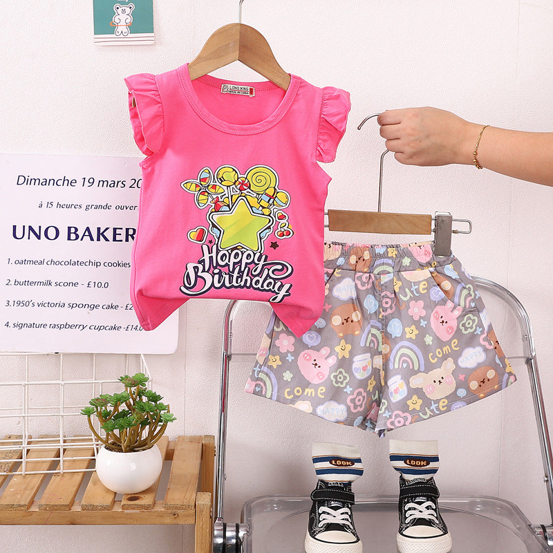 Korean children's clothing summer clothes girls summer cartoon flower vest suit 0-4 years old baby girl shorts two-piece suit trendy