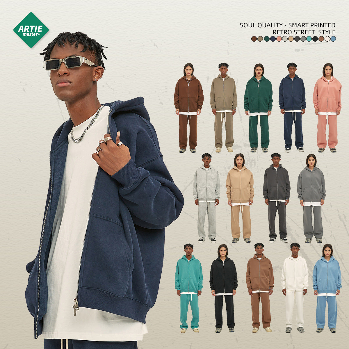 Velvet 350G Double-Head Zipper Cardigan Loose Fashion Brand Hooded Sweatshirt