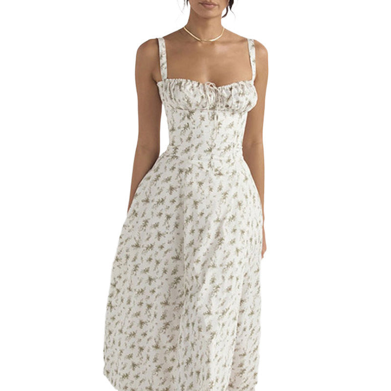 Amazon low-cut sexy women's clothing 2023 summer European and American new print strap waist suspenders slit dress