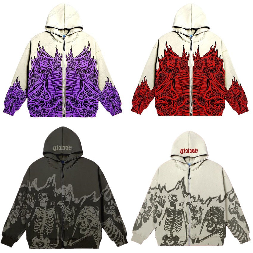 2022 Cross Border Men's Streetwear Vintage Skull Hoodie Zipper Hoodie Sweatshirt Gothic Tops