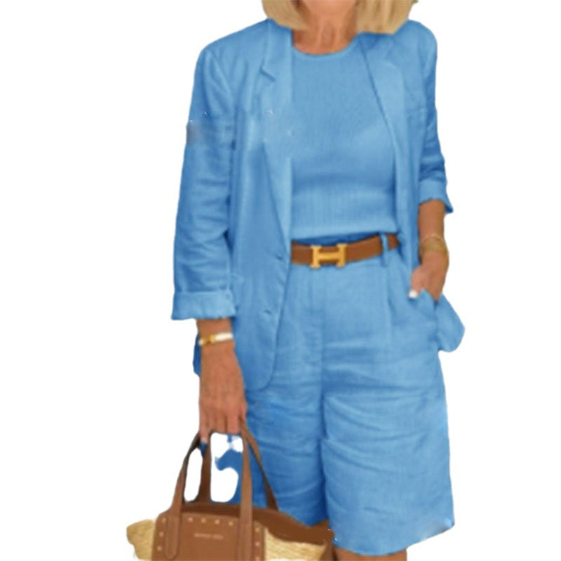 Amazon 2023 Spring and Autumn Cross-border New Foreign Trade Women's Cotton and Linen Cardigan Tops Shorts Small Suit Two-piece Set