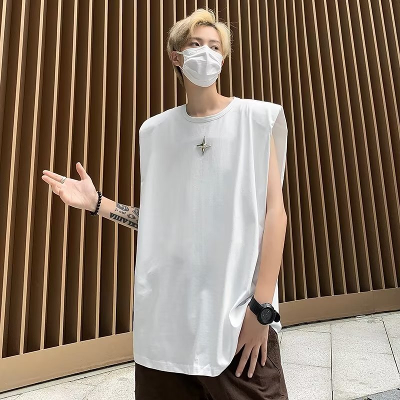 Black high-grade padded shoulder vest for men, summer small neckline, heavy cotton sleeveless T-shirt, trendy round neck top