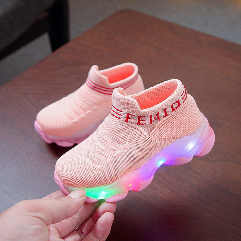 Cross-border popular shoes for boys and girls, LED light shoes, light-up shoes, fly-knit sports shoes, over-the-foot shoes, luminous fishnet socks, shoes