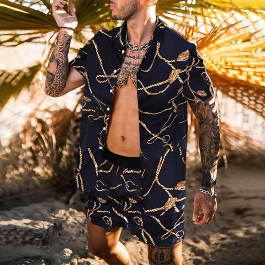 2022 Summer Amazon AliExpress Europe and America Cross-border Men's Shirts Casual Loose Short Sleeve Shorts Beach Suits