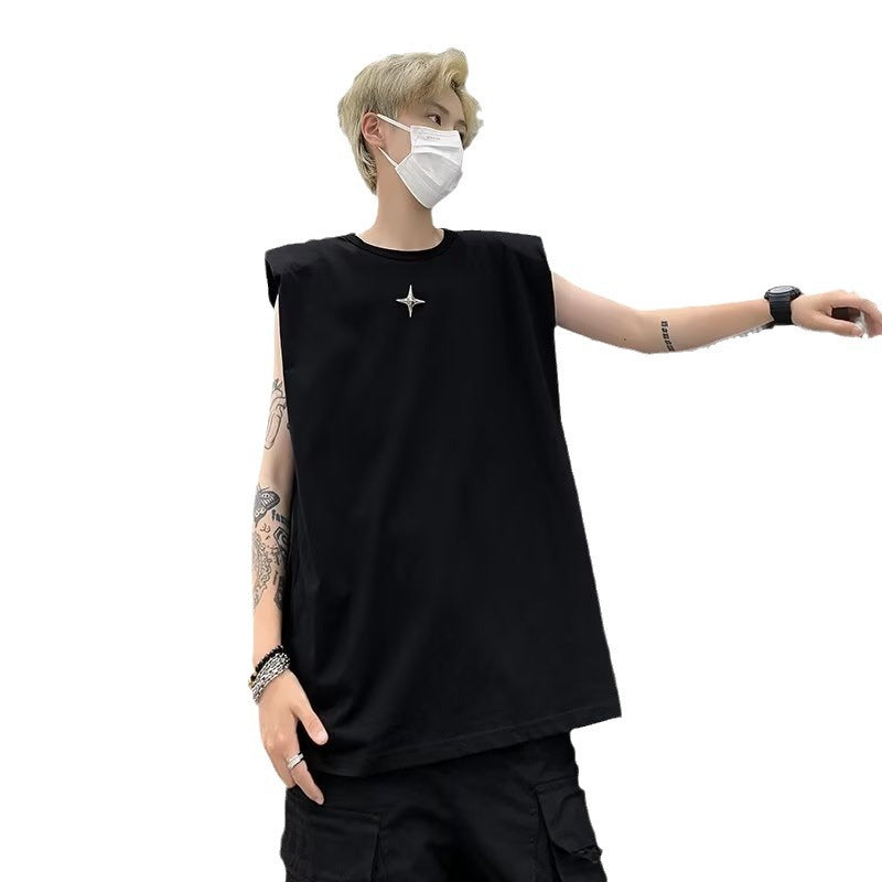 Black high-grade padded shoulder vest for men, summer small neckline, heavy cotton sleeveless T-shirt, trendy round neck top