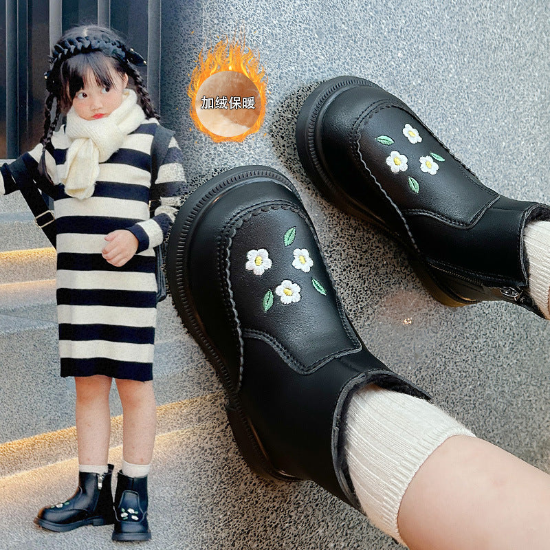 Girls' short boots 2024 winter new children's boots fashionable Martin boots little girls cotton shoes winter plus velvet leather boots