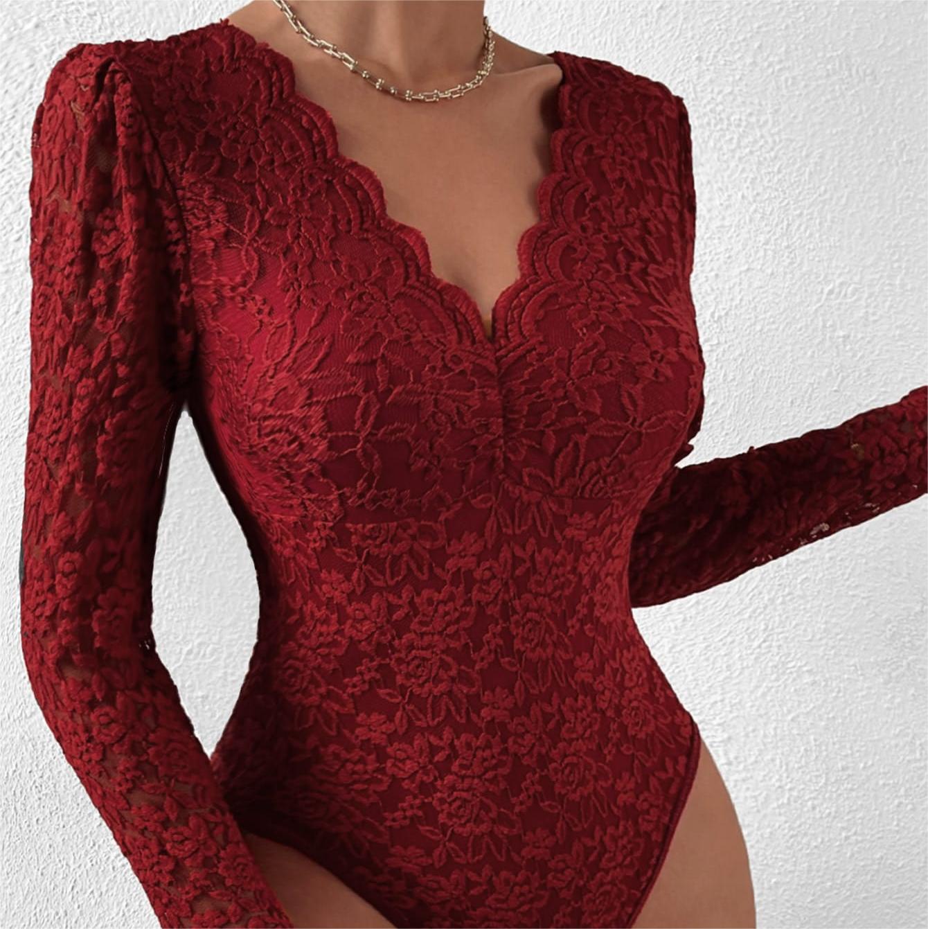 Cross-border foreign trade Amazon hot selling sexy solid color lace long-sleeved hot girl see-through slim fit jumpsuit 10717