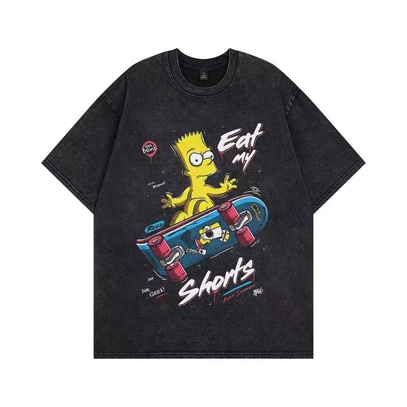 American cartoon washed short-sleeved T-shirt 2024 new couple high street trendy men's street trendy brand old loose short-sleeved