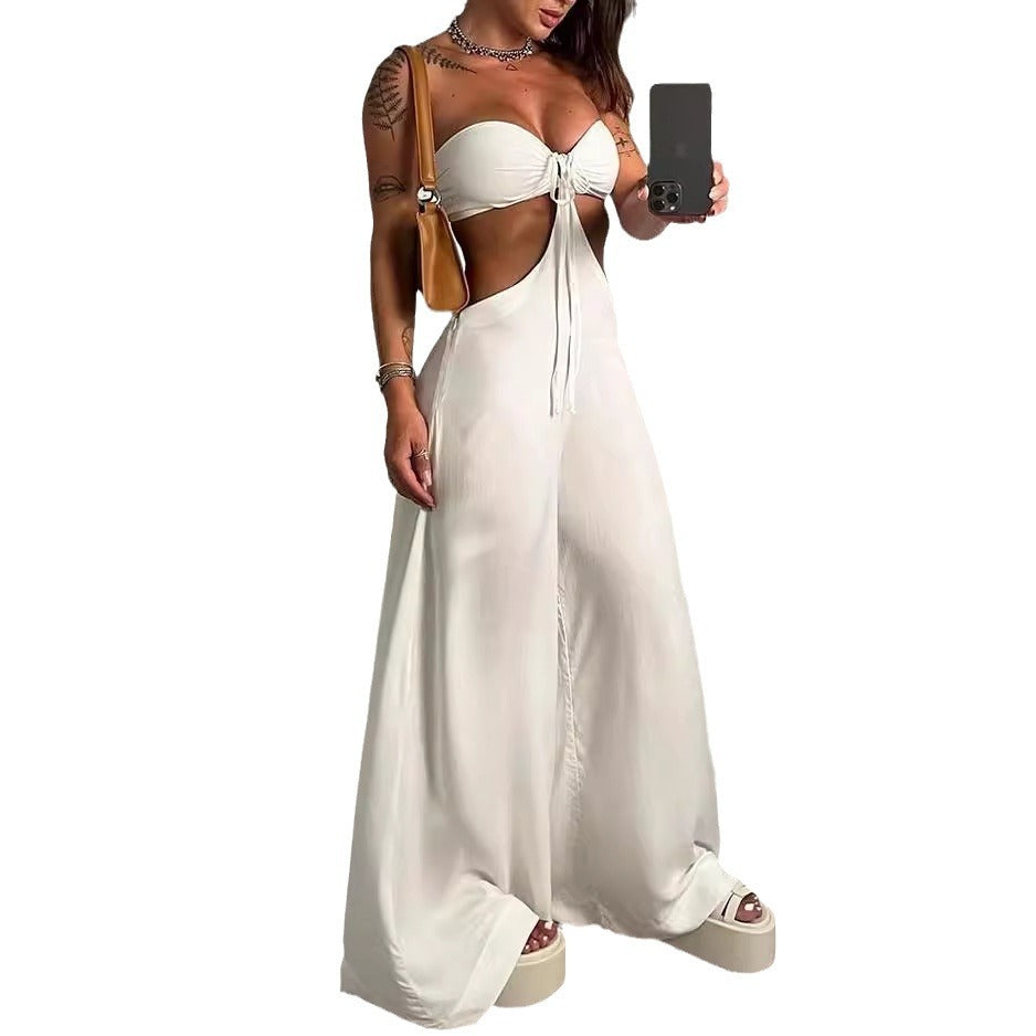 2024 Foreign Trade Independent Station European and American Women's Jumpsuit Autumn New Fashion Sleeveless Hollow Solid Color Jumpsuit