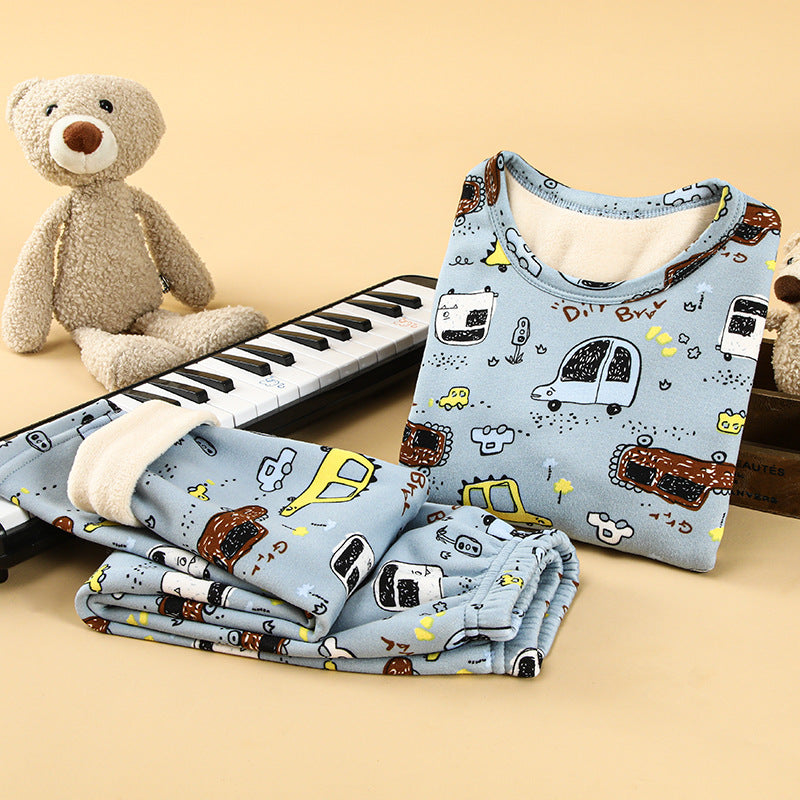 Children's thermal underwear set plus velvet and thickened winter boys' baby autumn clothes autumn pants girls' warm clothing set