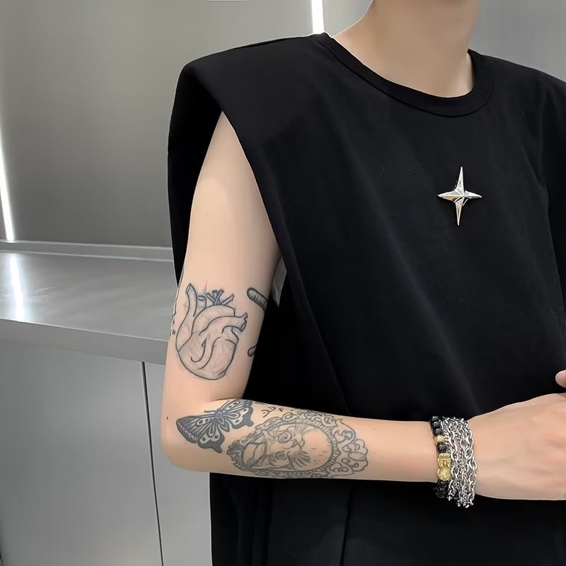 Black high-grade padded shoulder vest for men, summer small neckline, heavy cotton sleeveless T-shirt, trendy round neck top