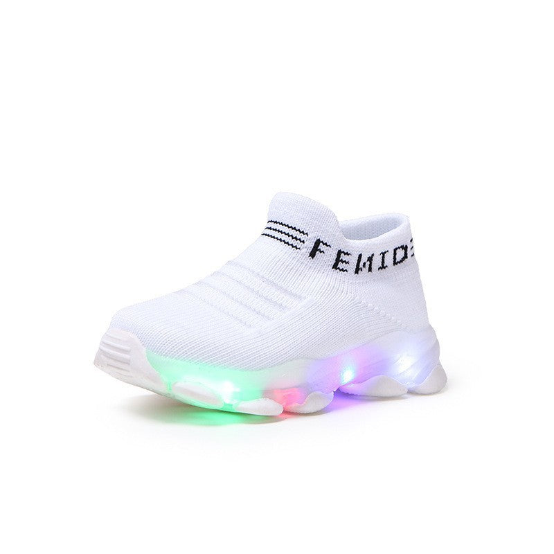 Cross-border popular shoes for boys and girls, LED light shoes, light-up shoes, fly-knit sports shoes, over-the-foot shoes, luminous fishnet socks, shoes