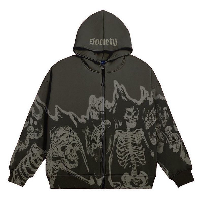 2022 Cross Border Men's Streetwear Vintage Skull Hoodie Zipper Hoodie Sweatshirt Gothic Tops