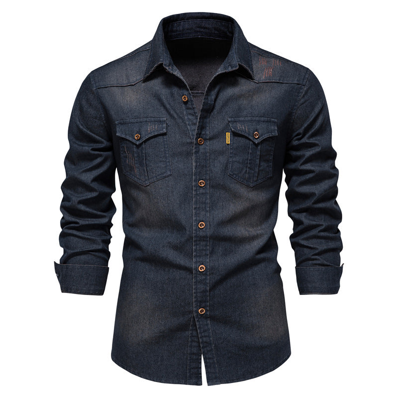 2022 foreign trade trend new American size denim non-ironing shirt men's casual solid color non-ironing men's long-sleeved shirt