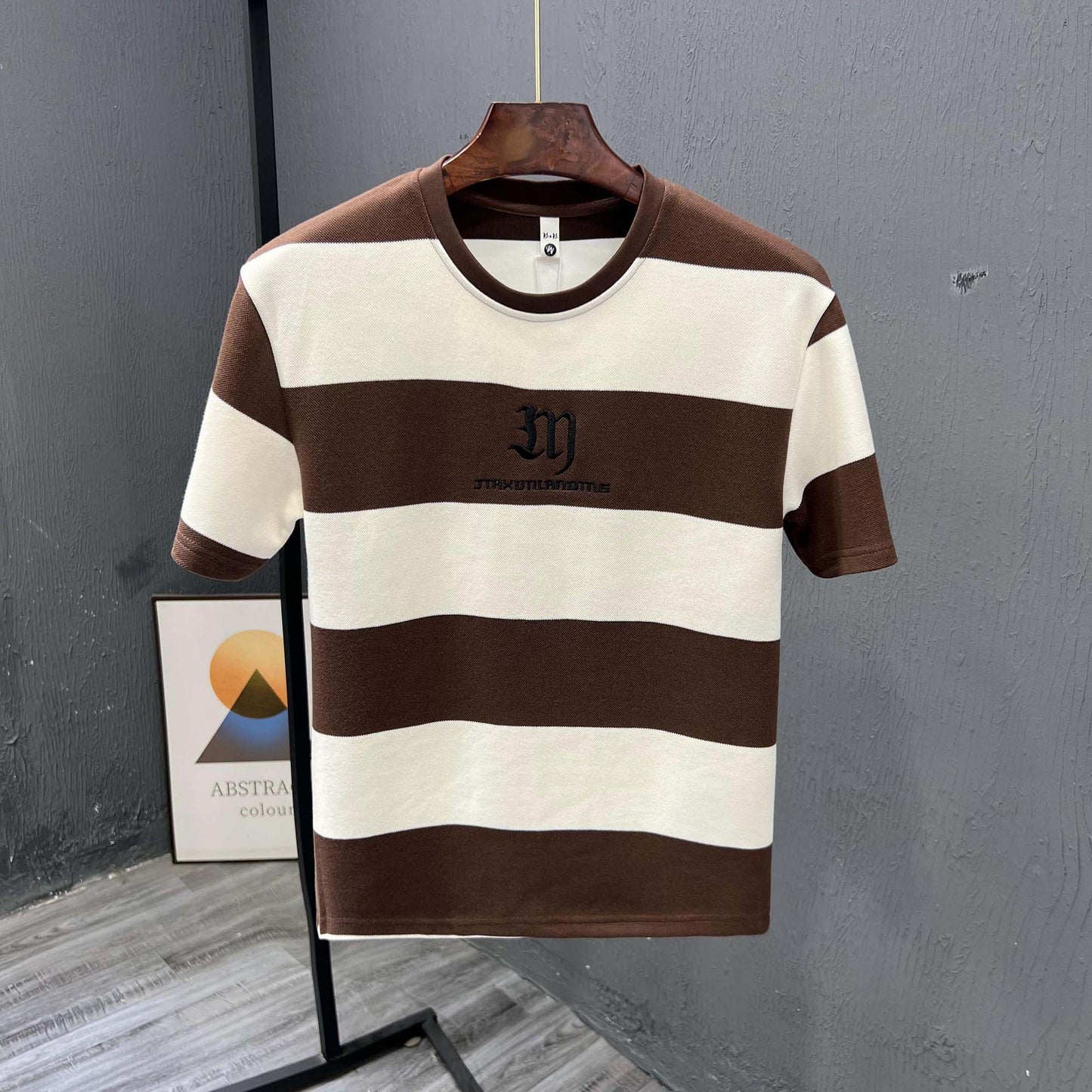Black and white striped T-shirt men's summer ins trendy brand embroidered half-sleeved T-shirt 2024 new men's top trendy short-sleeved