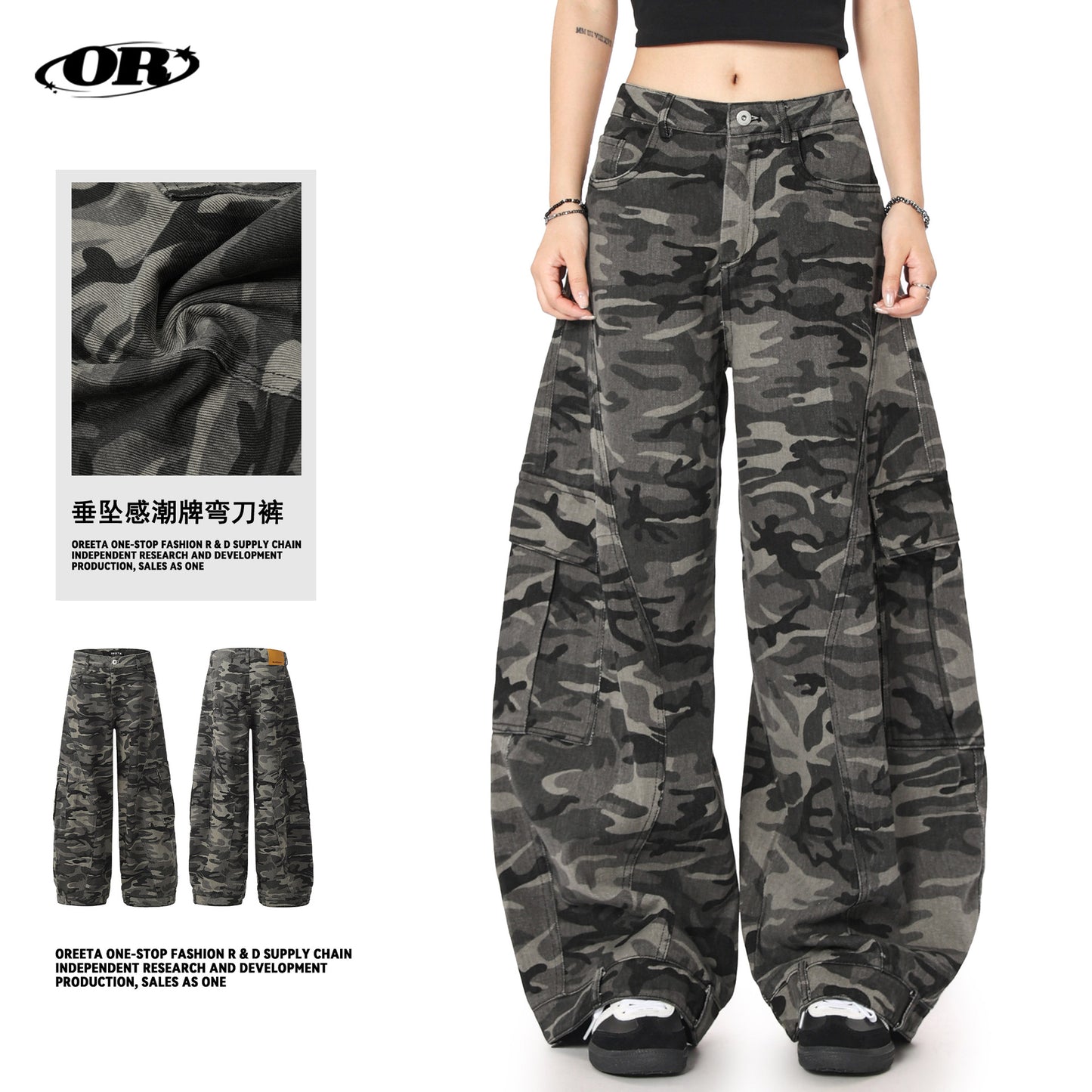 OREETA丨American retro wide-leg camouflage pants machete overalls wear-resistant and dirt-resistant high street casual pants for men and women