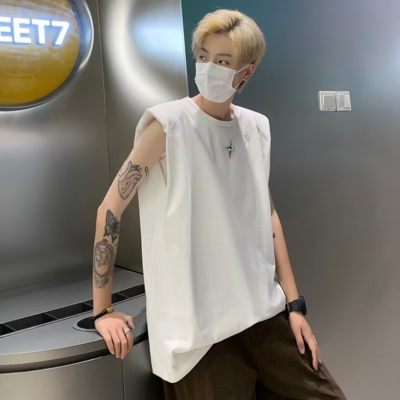 Black high-grade padded shoulder vest for men, summer small neckline, heavy cotton sleeveless T-shirt, trendy round neck top