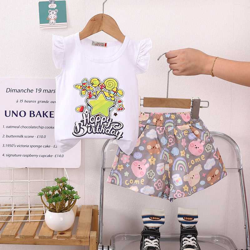Korean children's clothing summer clothes girls summer cartoon flower vest suit 0-4 years old baby girl shorts two-piece suit trendy
